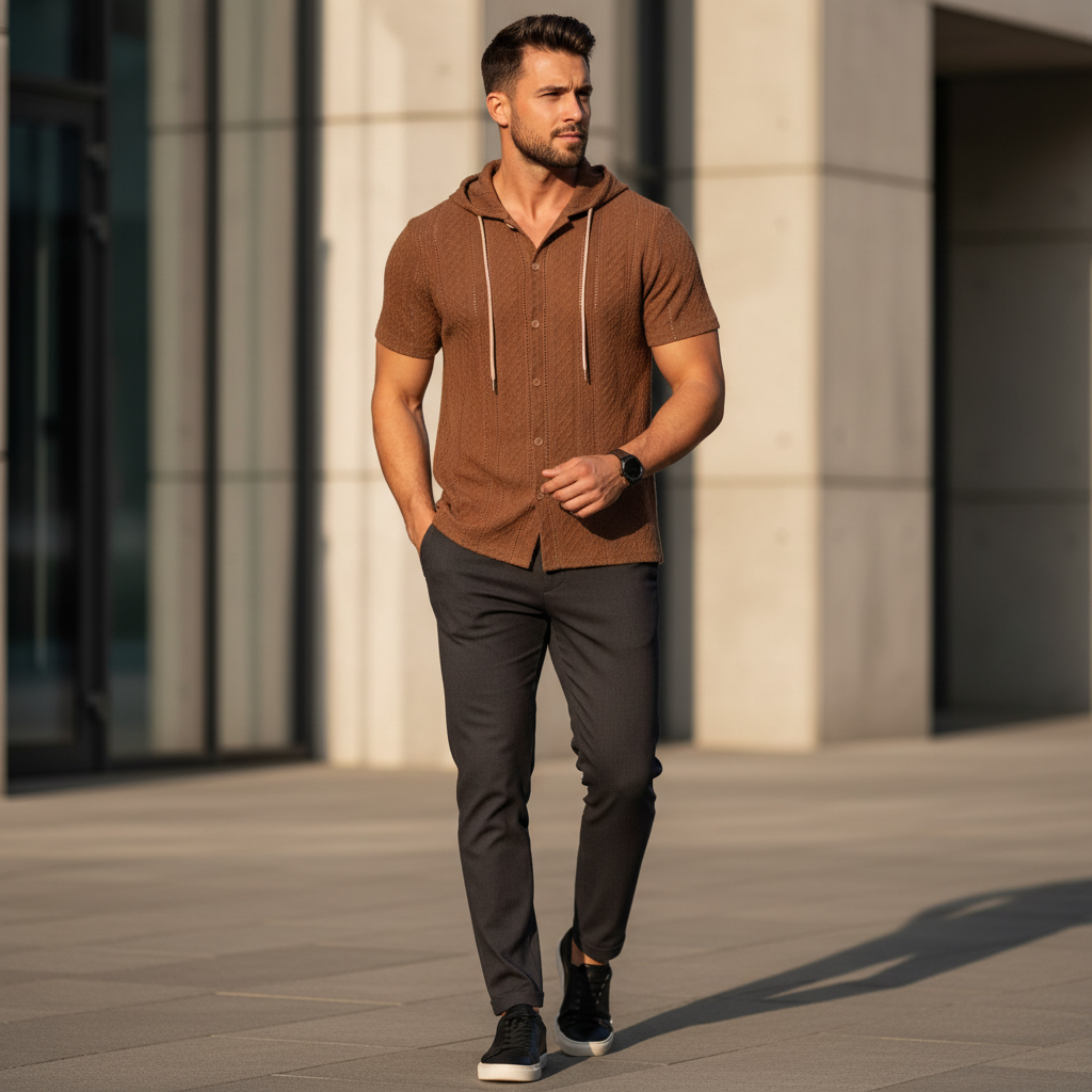 Stylish man with athletic build walks through a sun-drenched urban environment, wearing an earth-tone AUREN Textured Knit Hoo