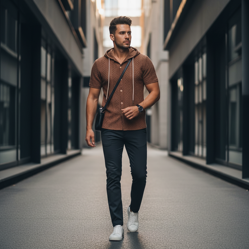 A man wearing the AUREN Textured Knit Hooded Polo in a candid, editorial-style 1:1 UGC lifestyle photo in an urban setting.