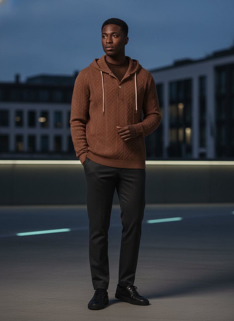 Male model wearing a textured knit hooded polo shirt in an urban setting, embodying a modern luxury streetwear style.