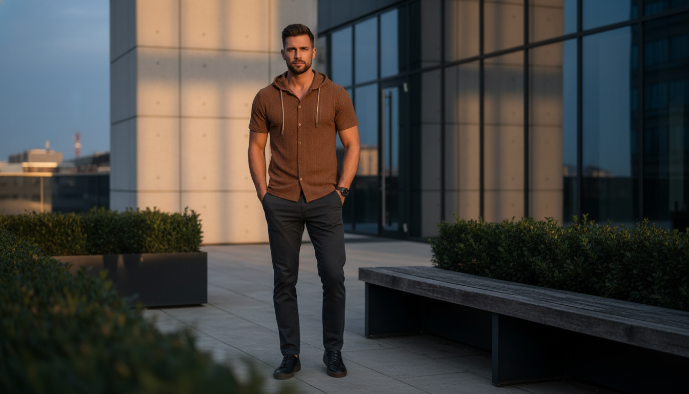 Man wearing a textured knit hooded polo in a modern urban setting, soft natural light, dark luxury aesthetic.