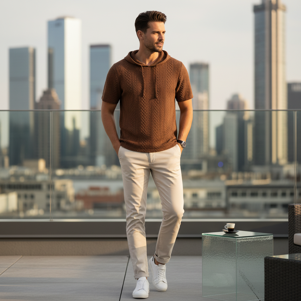 Man poses candidly in a modern urban setting, wearing the AUREN Textured Knit Hooded Polo, highlighting its texture and hood.