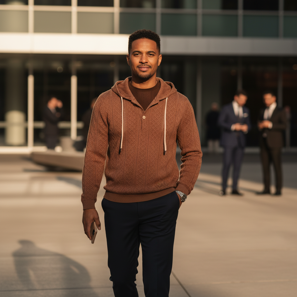 A man, Sylasman, wearing an AUREN Textured Knit Hooded Polo in an earth-tone color, casually walking through a modern urban e