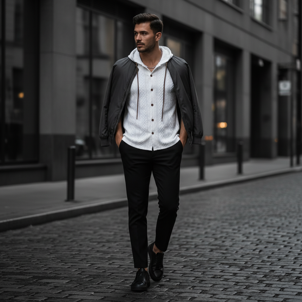 Male model @SYLASMAN wearing the AUREN Textured Knit Hooded Polo in a modern urban outdoor setting, styled for luxury streetw