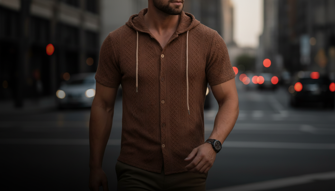 Male model wearing a textured knit hooded polo shirt, walking through a blurred urban street at dusk.