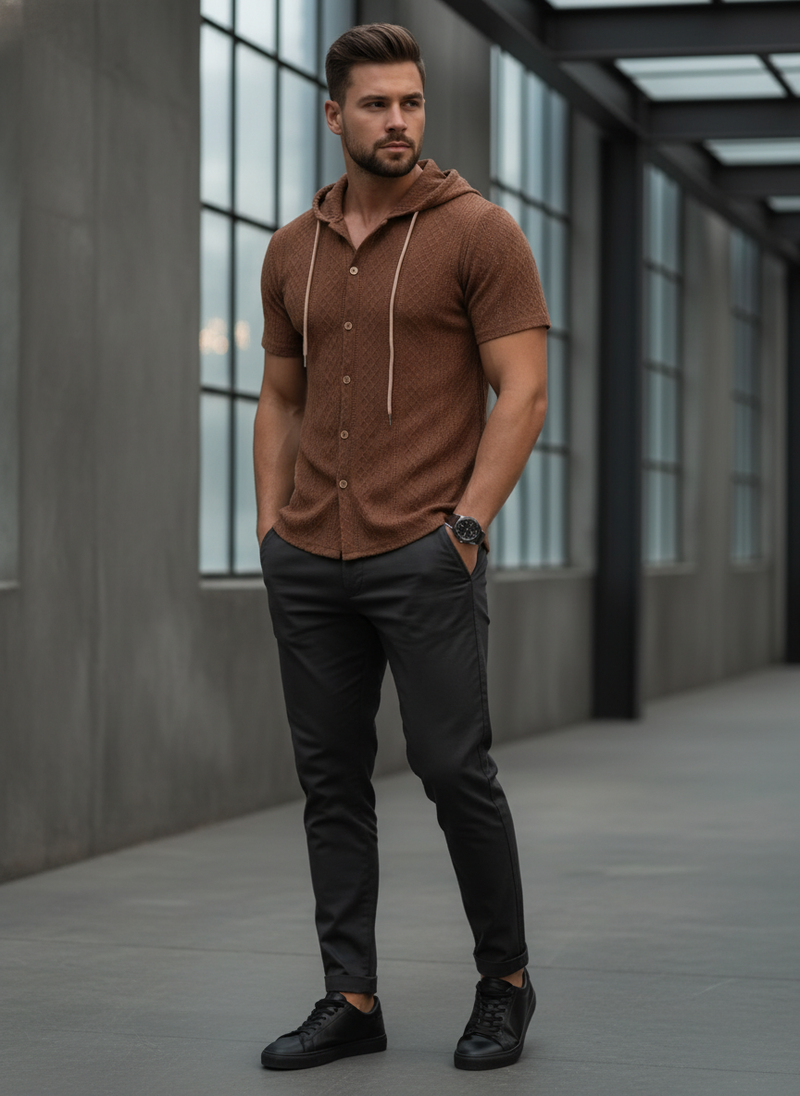Male model wearing an earth-tone AUREN Textured Knit Hooded Polo in a minimalist urban setting, styled for modern luxury stre
