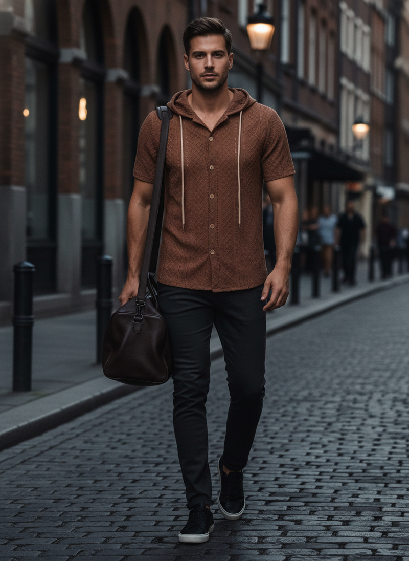 Male model in an earth-tone AUREN Textured Knit Hooded Polo, walking on a city street at dusk, showcasing the refined and lig